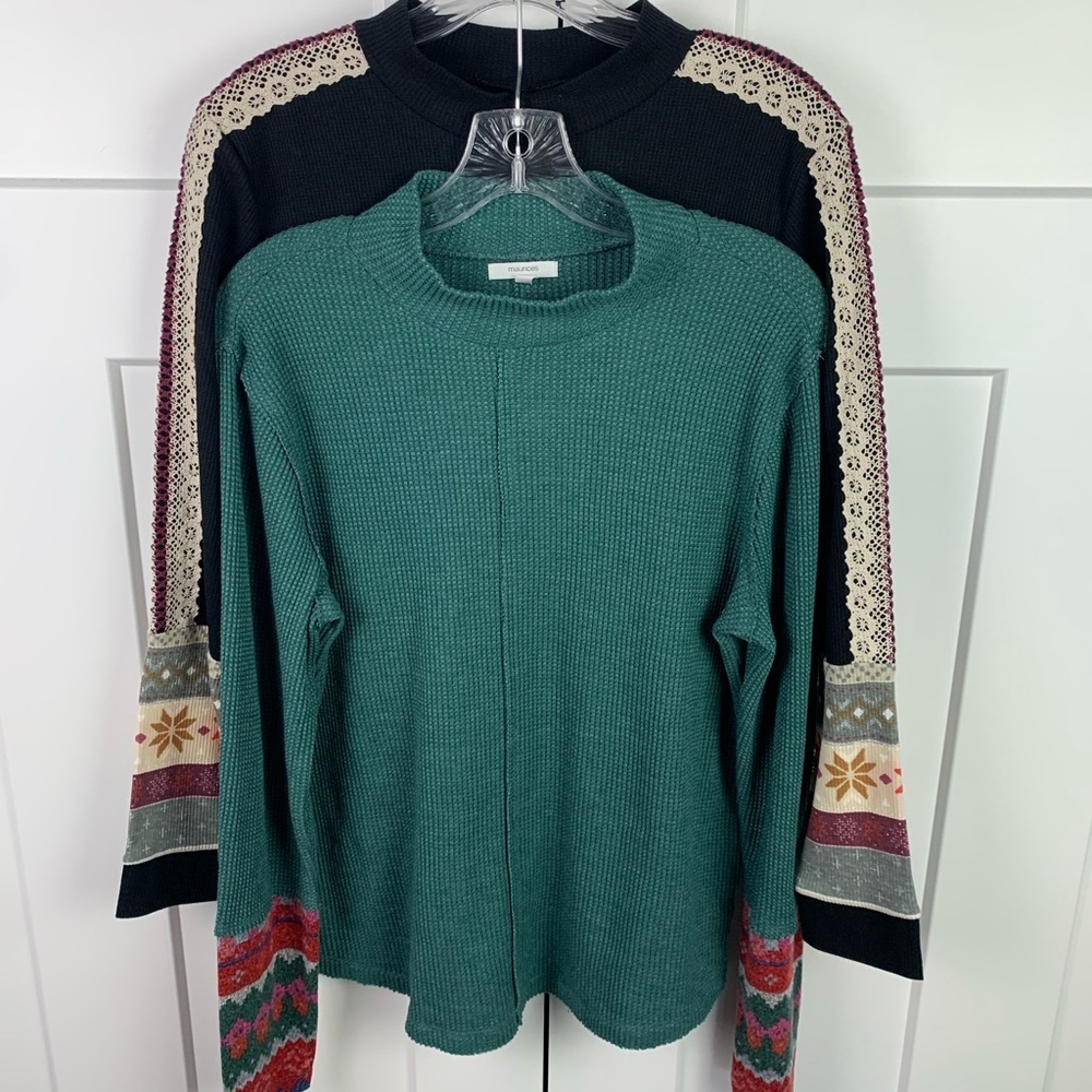 Maurices L Lot Of 2 Long Sleeve Thermal Mock Neck Nordic Print Green Black Boho